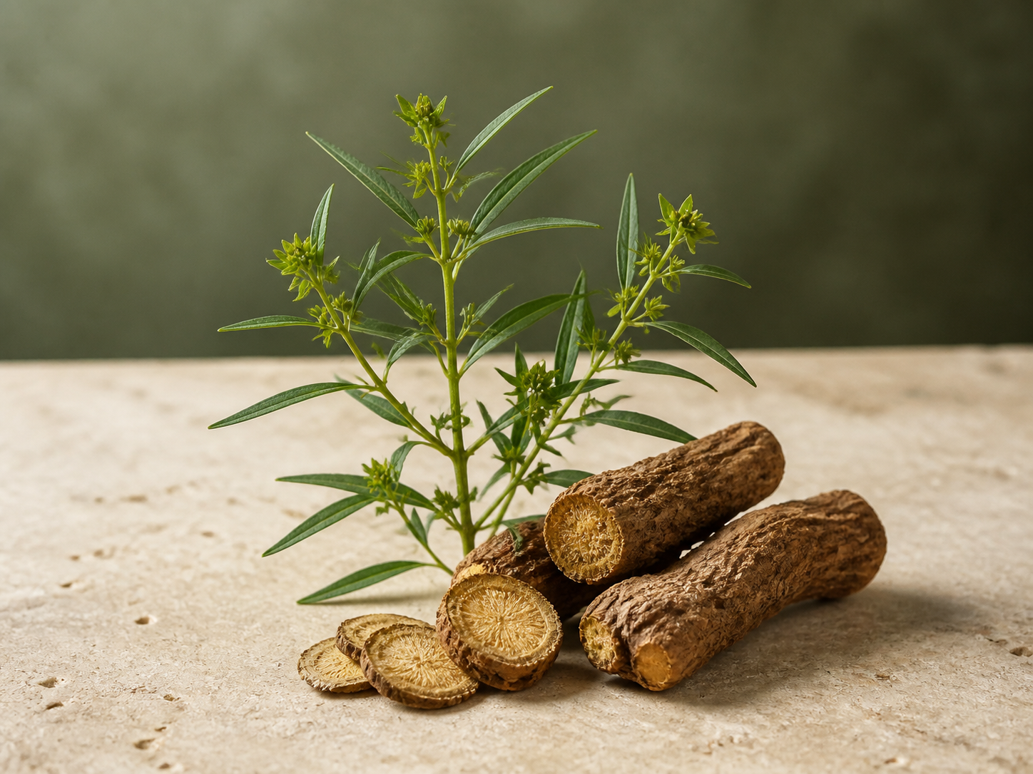 Langdu, Euphorbia fischeriana botanical sprig and prepared roots