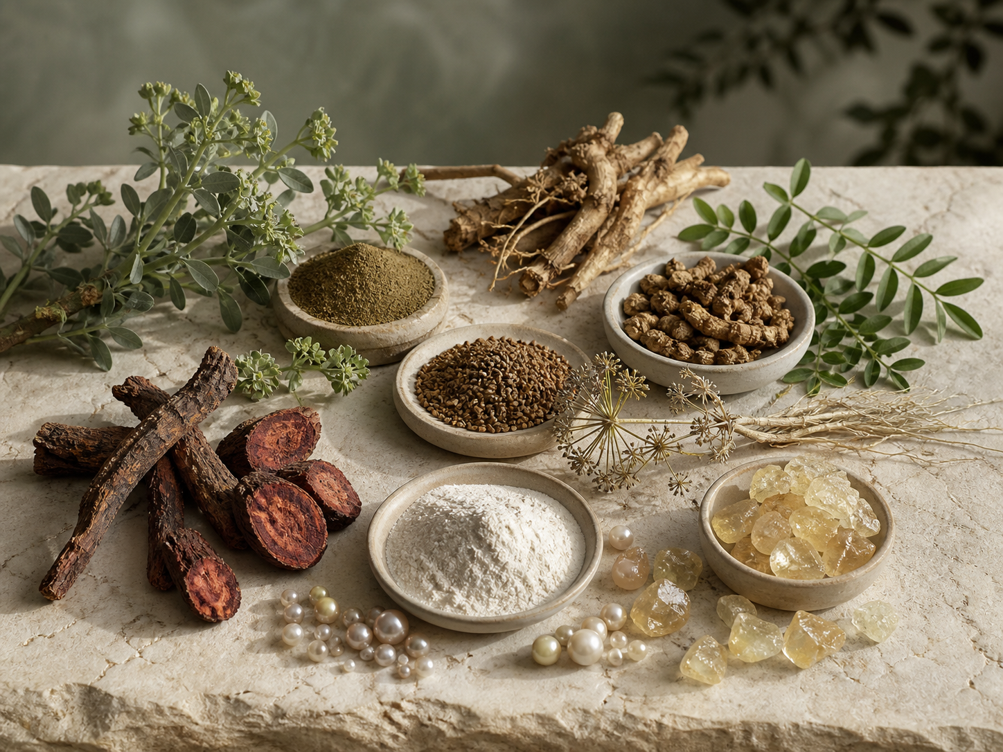 Premium still life of KHY Cream's six key natural formulation materials